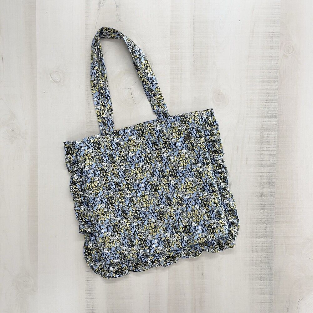 POMPdeLUX girls Floral Ruffle Quilted Cotton Tote Bag Purse Blue